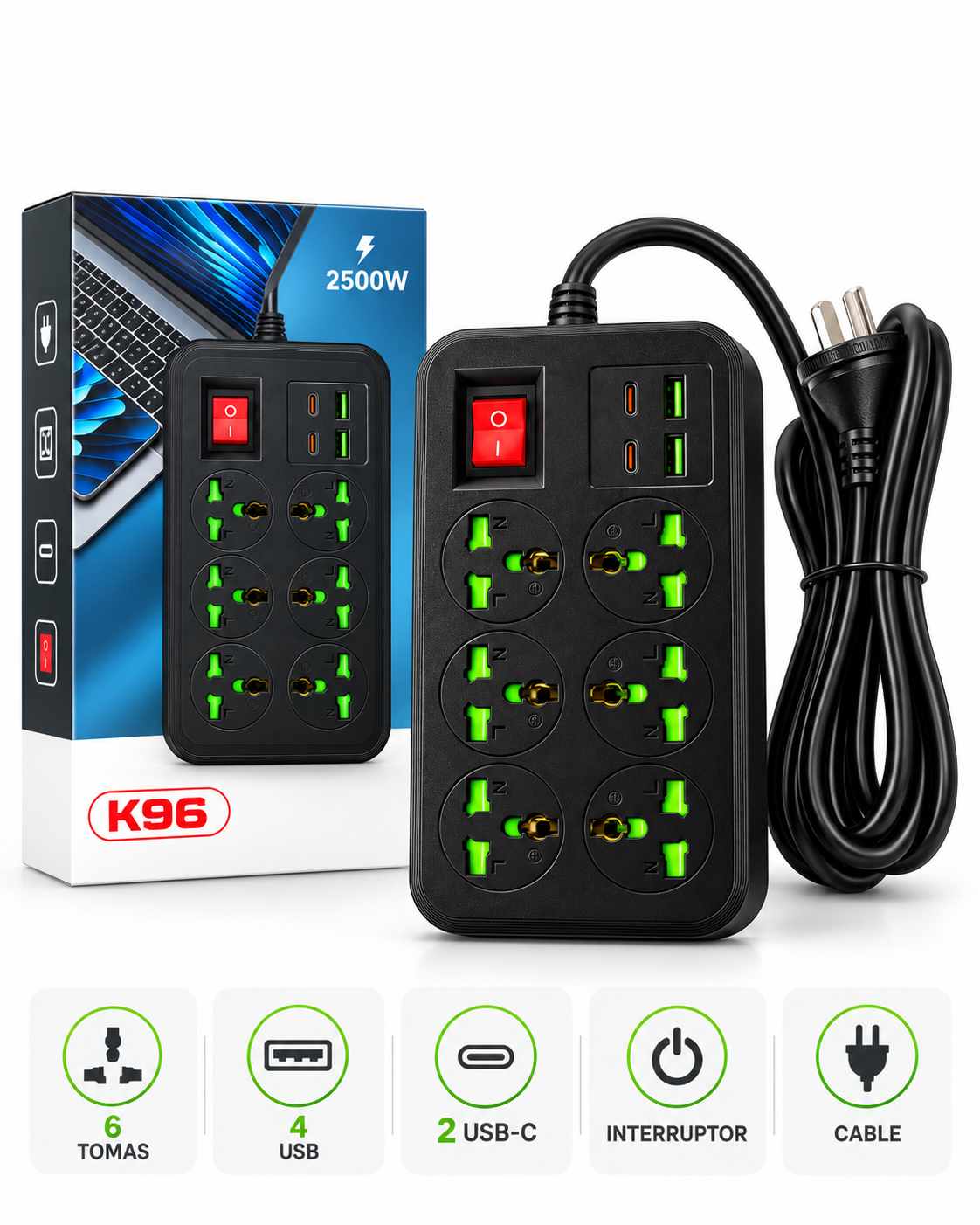 ZAPATILLA ALARGUE 6 BOCA UNIVERSAL 2USB 2 TIPOC